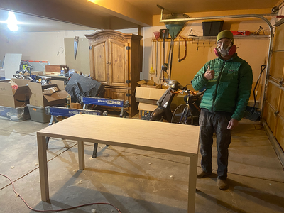 Demoted to the basement "office" and still smiling. Look at that craftsmanship!
