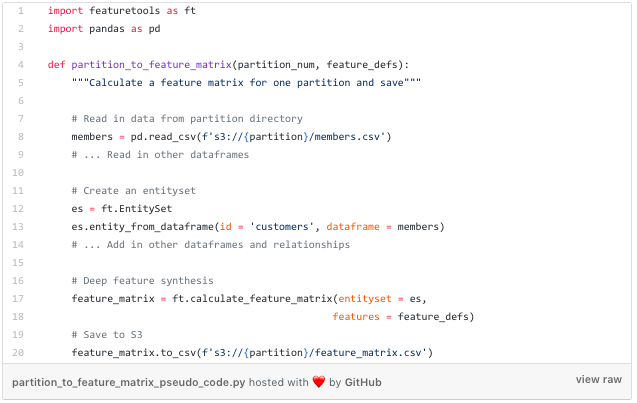 Pseudo code for calculating a feature matrix for one partition.