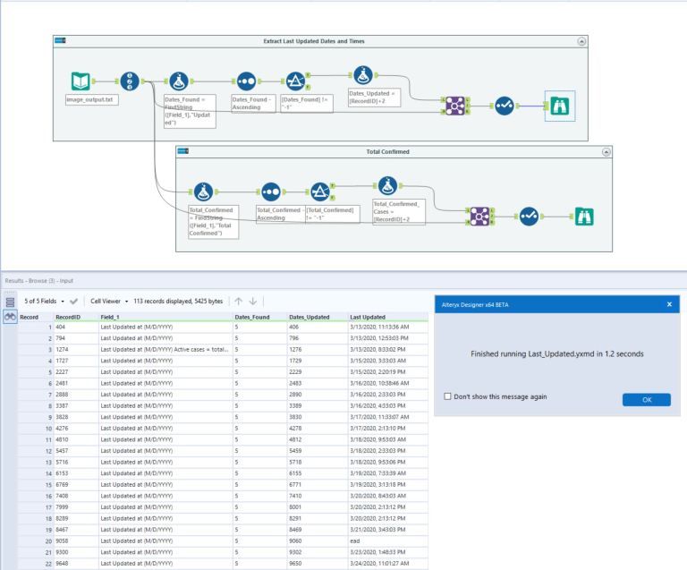 Figure 10 – The short Alterx workflow needed to find the total confirmed cases and the dates and time for the data