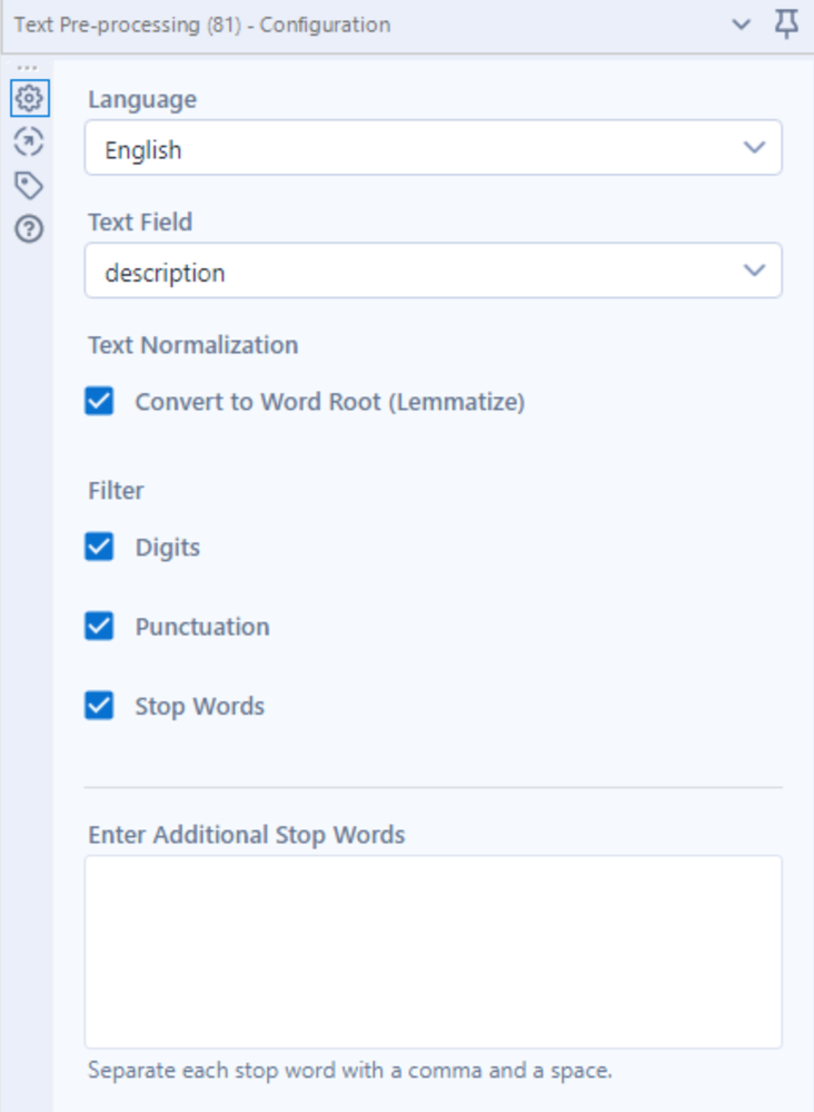 la configuration du bloc de construction pour le traitement préalable du texte assure la préparation des données de texte par lemmatisation, filtrage et suppression d'une liste personnalisée de chaînes.