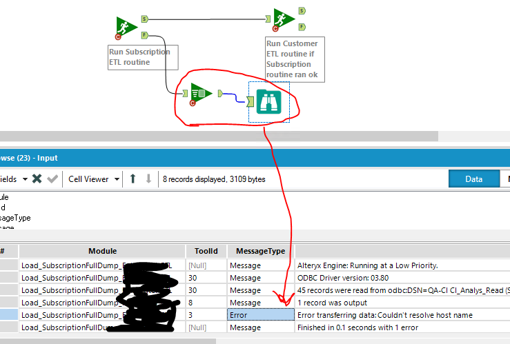 parent log parser shows child A error