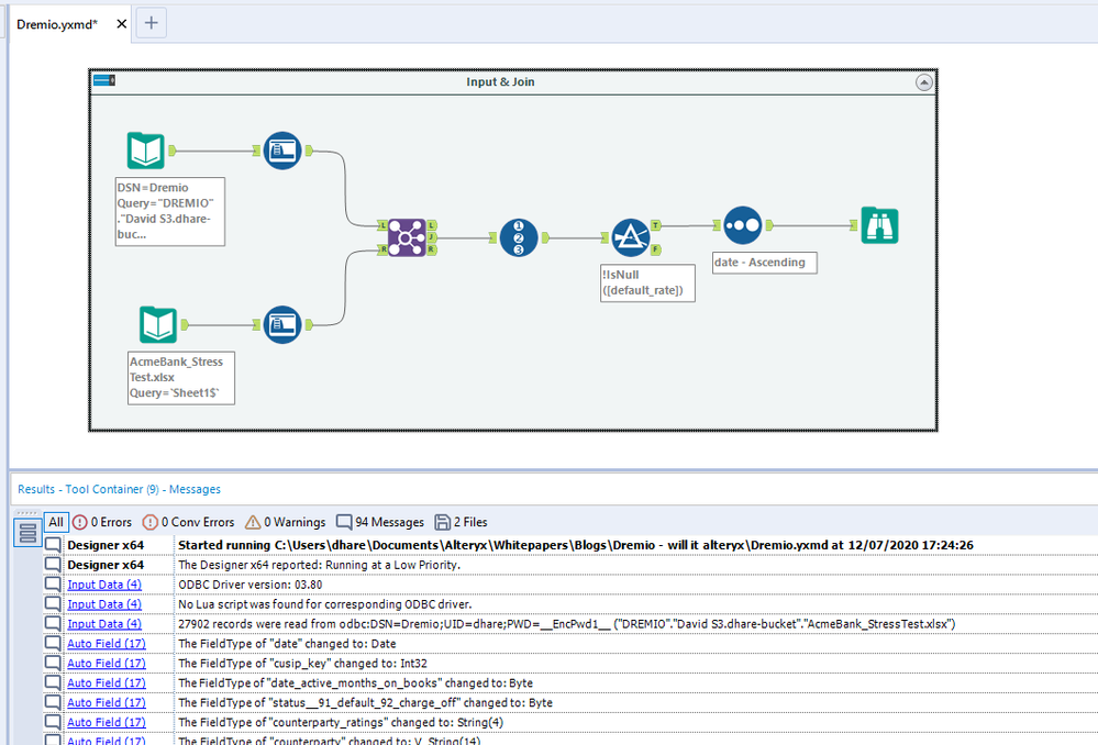 A sample Alteryx workflow joining together a local file with data from Dremio.