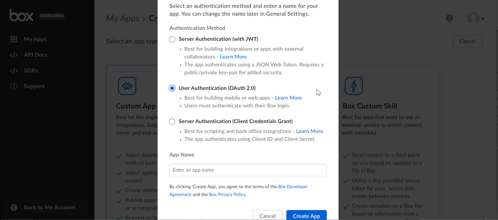 Select User Auth and give your app a name