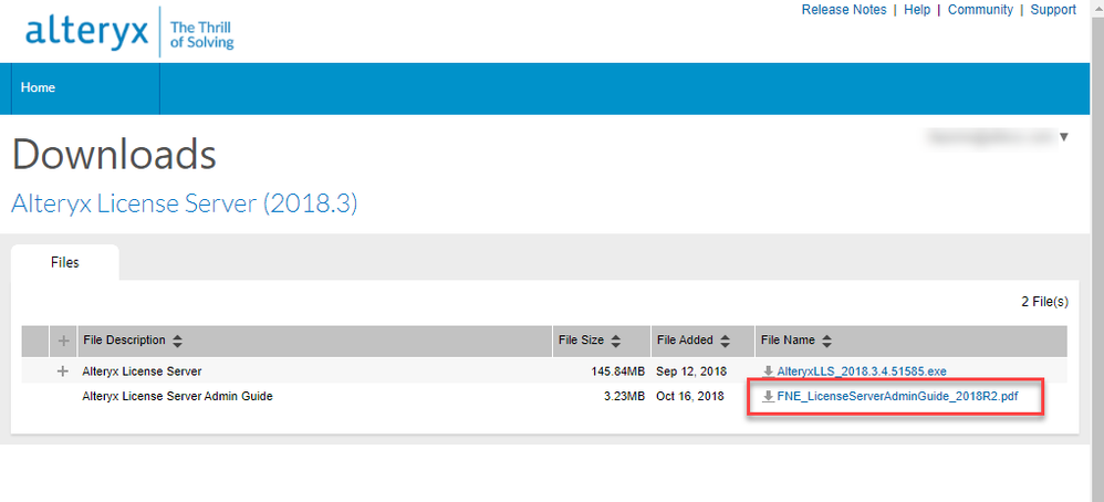 In downloads.alteryx.com section for Alteryx License Server