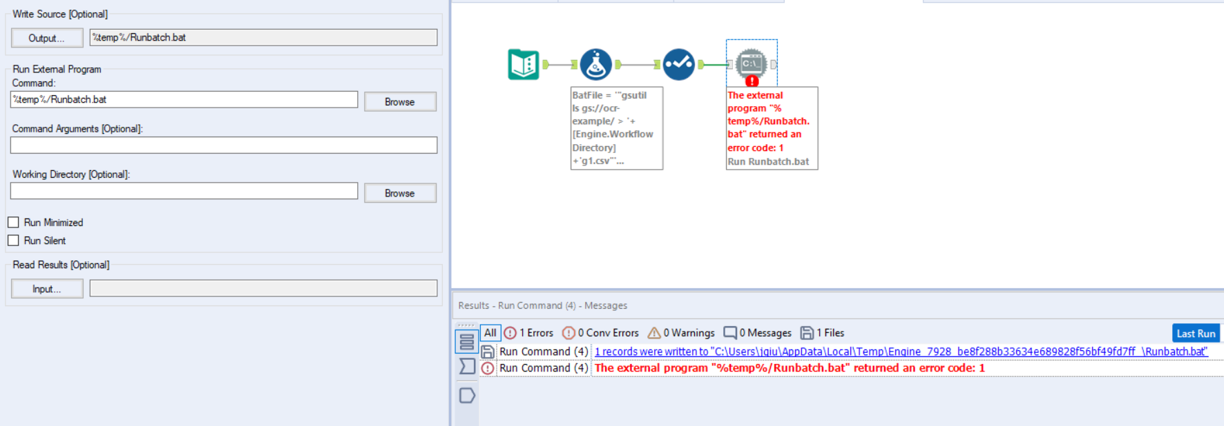 Solved: command and bat file run fine in cmd, but error in - Alteryx  Community