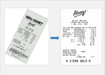 Transformando algo inutilizável em legível! Agora, graças à nova ferramenta Processamento de Imagem, você pode extrair dados de um recibo. A fonte Comic Sans claramente estava na moda em 2003!