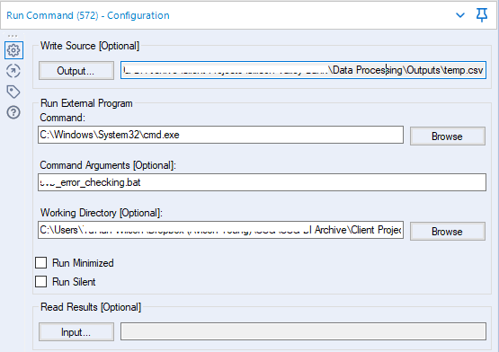 Solved: command and bat file run fine in cmd, but error in - Alteryx  Community