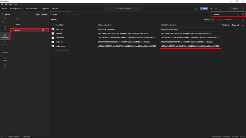 Postman Alteryx environment variables