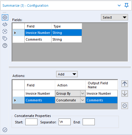 Summarize tool configuration