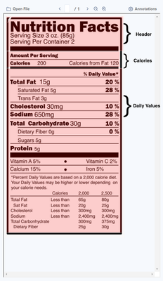 Image Template tool annotations for nutrition facts label