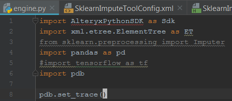 First, we comment out the tensorflow import line, and add an import of pdb library.  Then we add a line below to tell pdb to set an interactive break point.