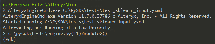 Next, after saving our edited python file, we use the AlteryxEngineCmd application to run a workflow which contains the tool we are working on.  As you can see, it pauses at the line where we placed the pdb.set_trace() command, and we see a REPL with the (Pdb) prefix.