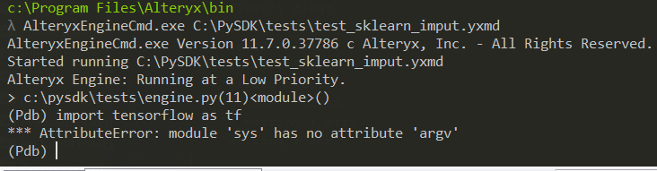 It looks like the tensorflow library is expecting the sys.argv attribute to be present.  This is the kind of failure we expect in an embedded process.  It's expecting to be run in a non-embedded Python process which has access to environment variables like sys.argv.