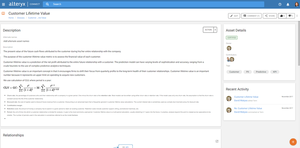 A sample from a Business Glossary within Alteryx Connect