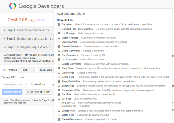 Screenshot of the Google OAuth 2.0 Playground