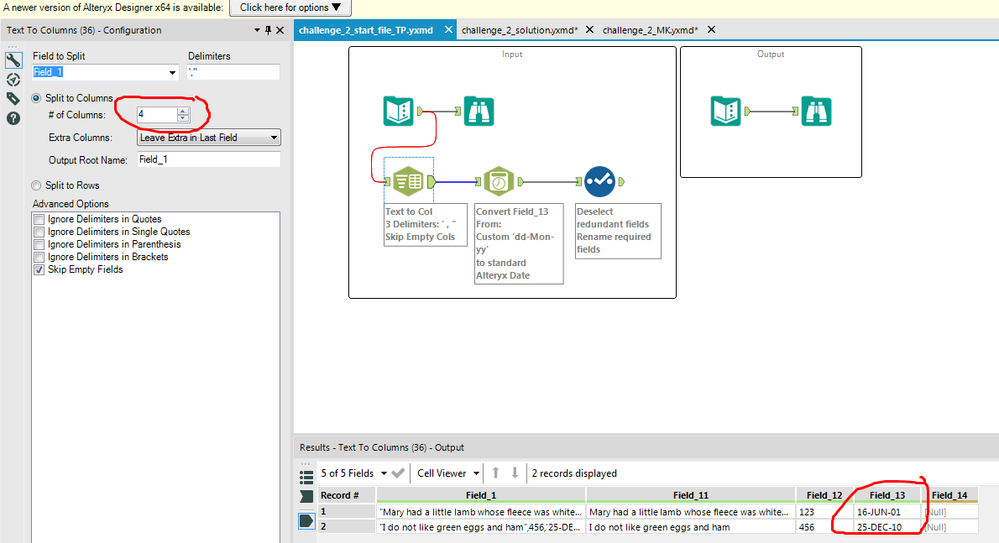 4 columns removes single quotes and adds an empty column, even though I chose to skip empty fields