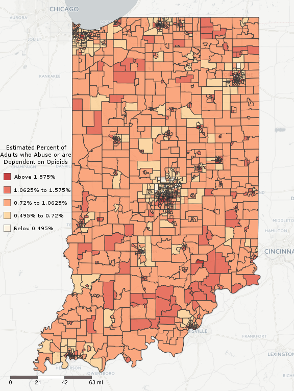 Figure 3: Census Tract Estimates of the Percentage of Individuals Age 18 and Over who Abuse or are Dependent Upon Opioids in Indiana