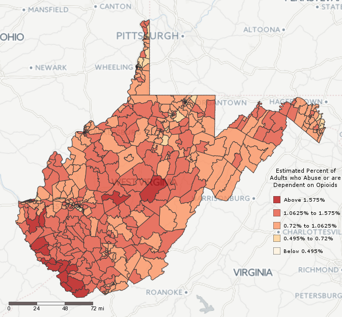 Figure 5: Census Tract Estimates of the Percentage of Individuals Age 18 and Over who Abuse or are Dependent Upon Opioids in West Virginia