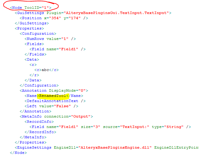Circled the section where I believe tool IDs come from, Highlighted the <Name> value