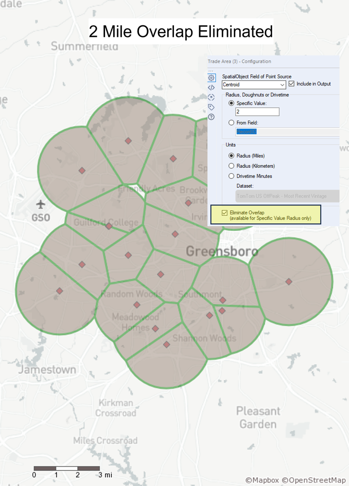 2 mile radii with overlap eliminated