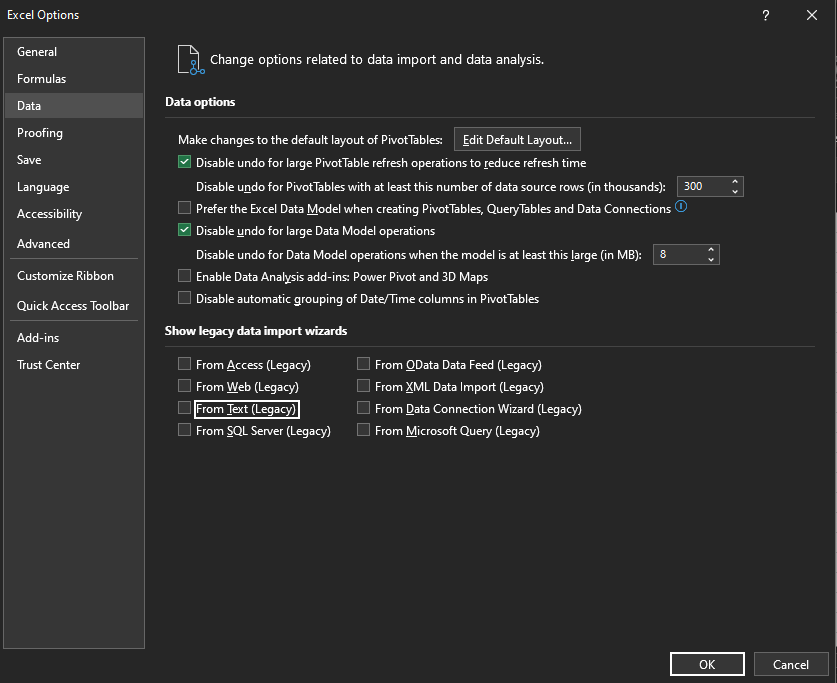 My Excel Data settings not giving me the Automatic Data Conversion option as in Microsoft 365 the settings are different.