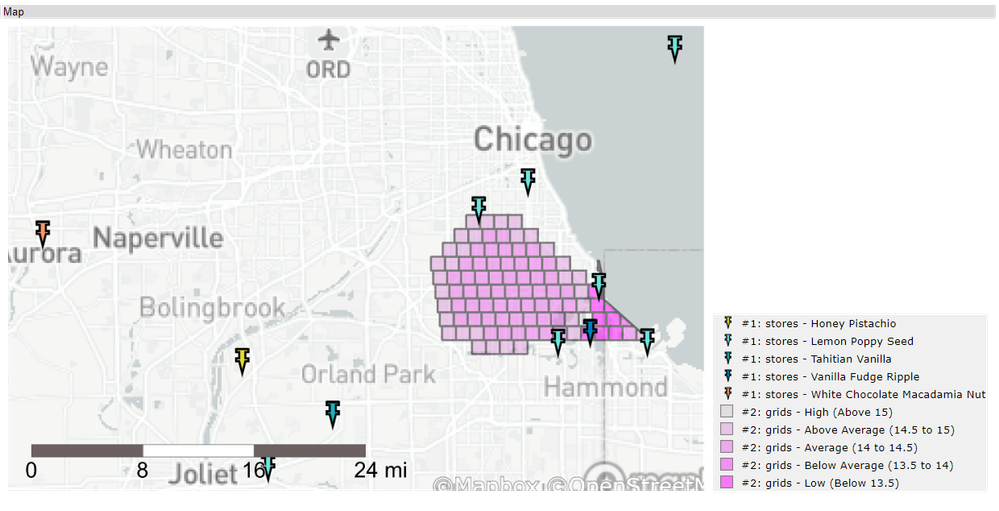 I thought it would be neat to visualise the average distance of the stores within reach and this prompts another question: do we want to bike further and eat more ice cream, or is it okay for us to visit "just" 10 stores although they are closer to each other