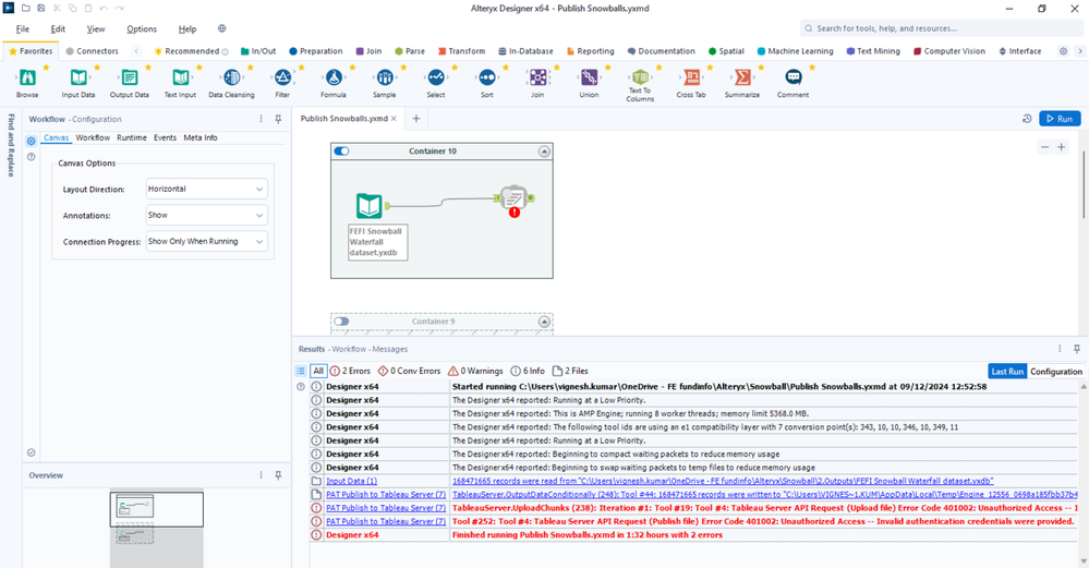 Can someone help me fix this error? I am trying to publish a large dataset to Tableau. It used to work seamlessly, but recently I haven't been able to publish it. Does anyone know why this might be happening?