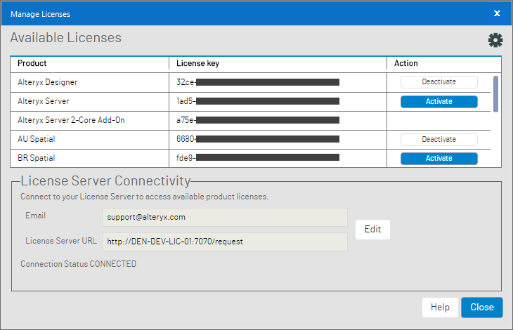 Once connected to an Alteryx License Server, available licenses may be activated and deactivated from a list.