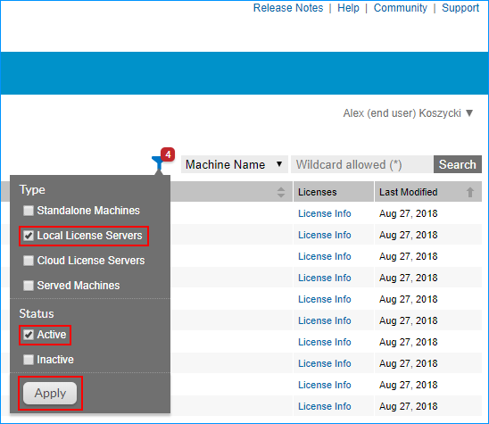 Filter on "Active" and "Local License Servers".