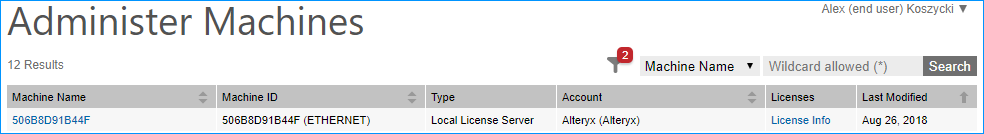 The name of the machine corresponds to the physical address of the Ethernet adapter supporting the Alteryx License Server.