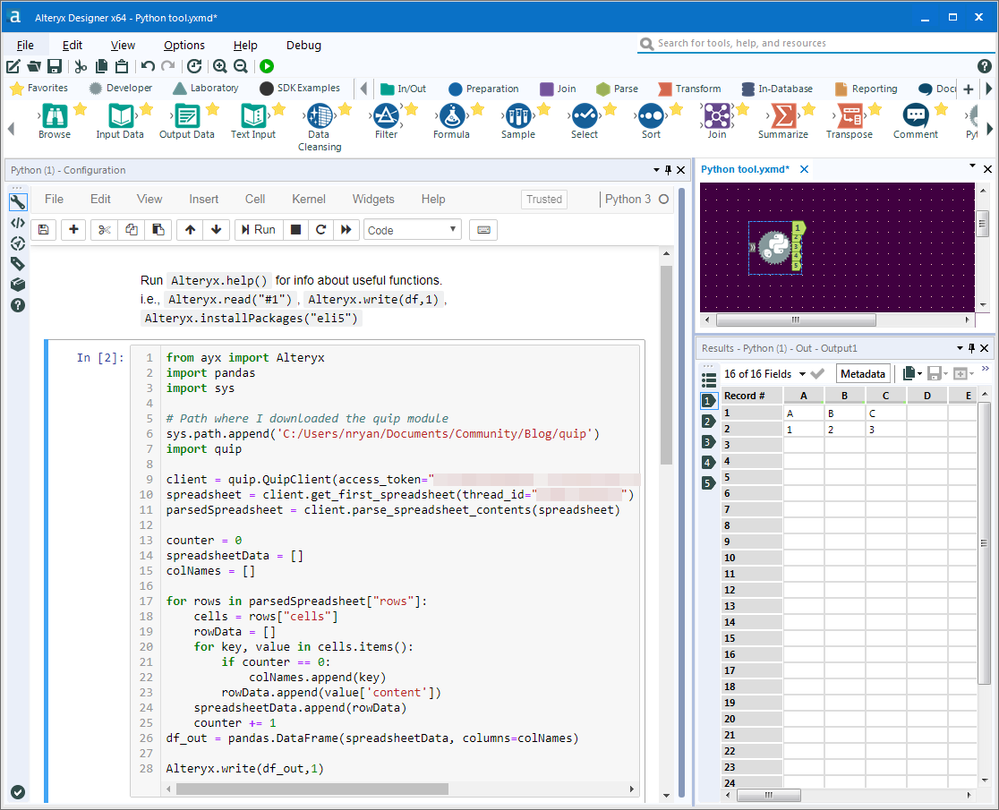 Success! The output data matches the Quip spreadsheet contents.