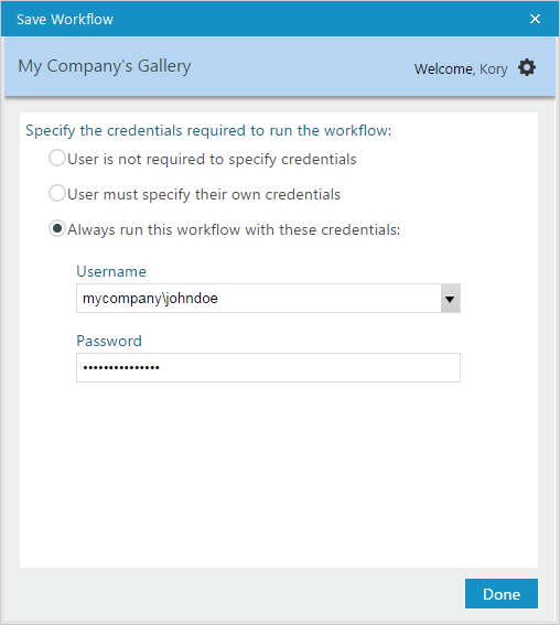 Workflows can now be saved to the Gallery with optional credential settings.