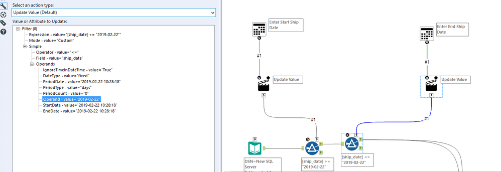 Options selected in action tool