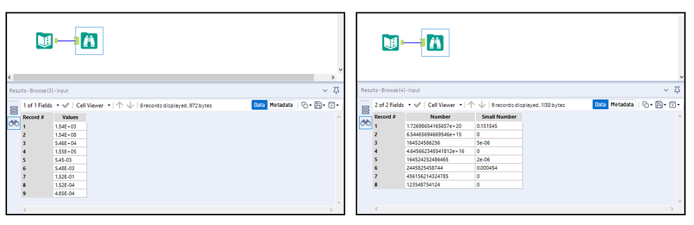 Figure 1: Depending on its size and the selected field type, a number may maintain scientific notation formatting.  Left: Files brought in as a .csv contain scientific notation as a string field type.  Right: Sample data from an .xlsx file type contains scientific notation as a numeric field type (double).