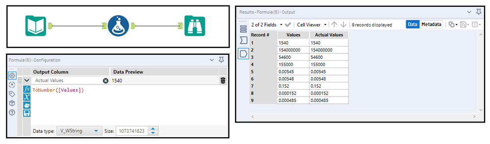 Figure 2: Applying the Conversion function “ToNumber” changes what was previously a string field into a numeric field that displays the values denoted by scientific notation.