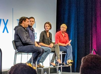 @NicoleJohnson and @SeanAdams on stage with @DeniseF and @Treyson at Alteryx's Global Kickoff
