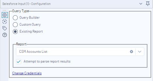 The Salesforce input tool has an option to select Salesforce report templates