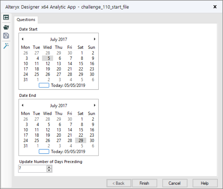 2. Interface to select begin-end dates and number of days before