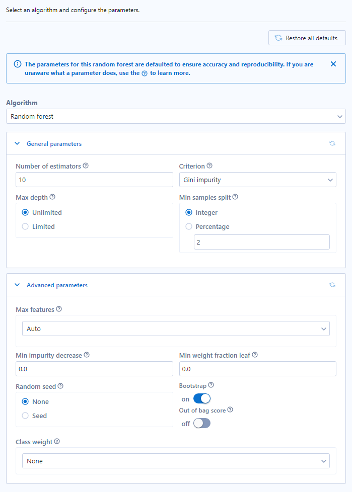 Here's the Random Forest Configuration Window