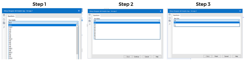 Create a three-step app to find tires based on width, sidewall height, and rim radius.