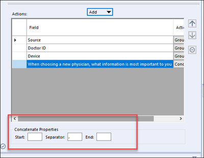 In your concatenated field, use these options to specify how to concatenating.