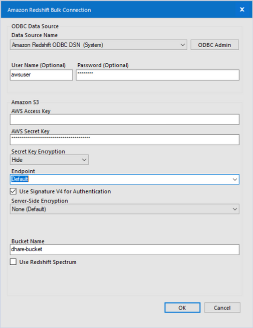 An example Redshift Bulk Connection configuration.