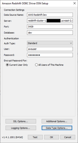 An example AWS Redshift ODBC Configuration