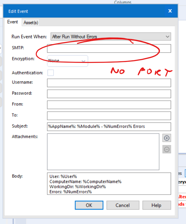 No Port available on the eMail settings for Events